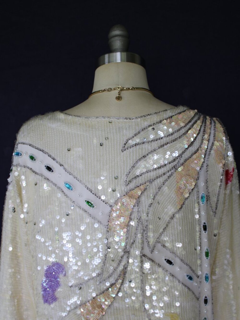 Oleg Cassini vintage 80s sequin beaded opalescent silver silk dress top tunic M - Picture 9 of 11